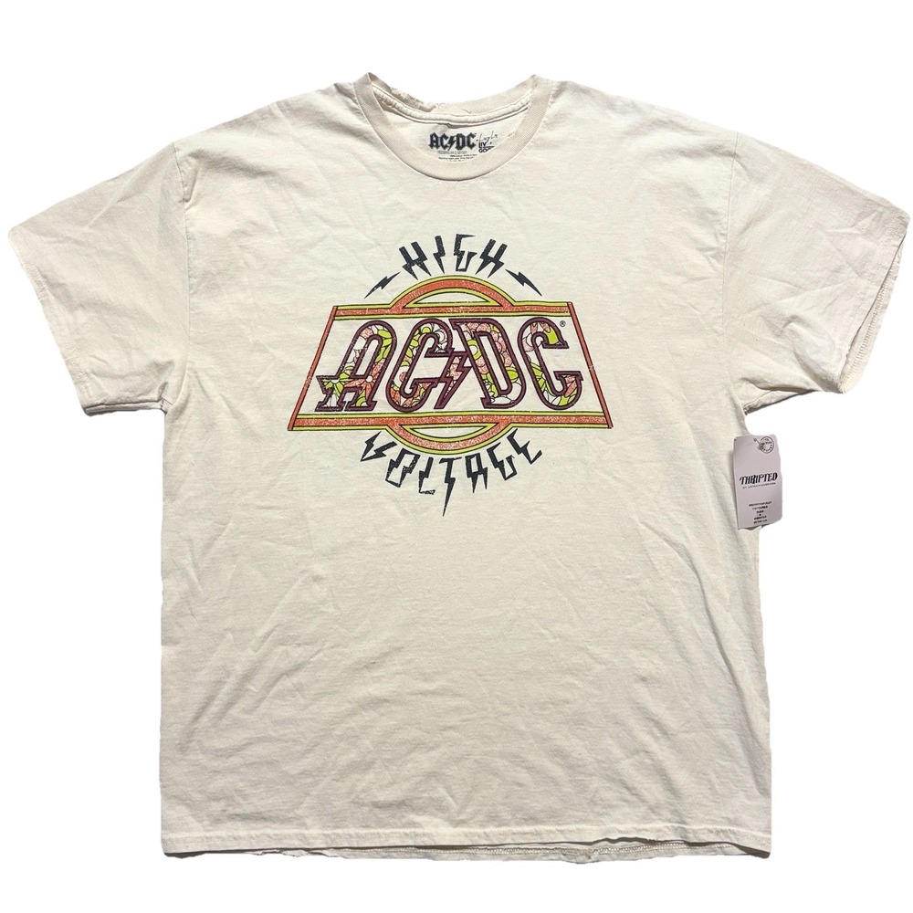 NWT AC/DC High Voltage T-Shirt L Cream Graphic Tee Retro Rock Band Distress ACDC